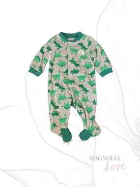 🦕 Carter’s Grey Footed Sleeper Footie Pajama w/ Green Dinosaur Print & Feet 0-3M